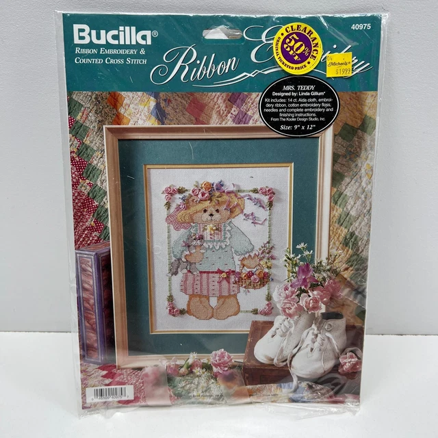 Kit de punto de cruz contado con cinta Bucilla Mrs Teddy Siik #40975 oso gatito 1994