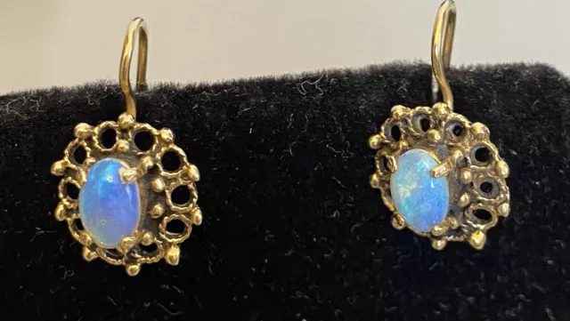 estate vintage 14K Yellow Gold Filigree Natural Blue Opal Earrings drops on wire