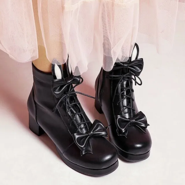 Stivaletti donna Lolita fiocco stringati moda blocco tacco medio scarpe Mary Jane
