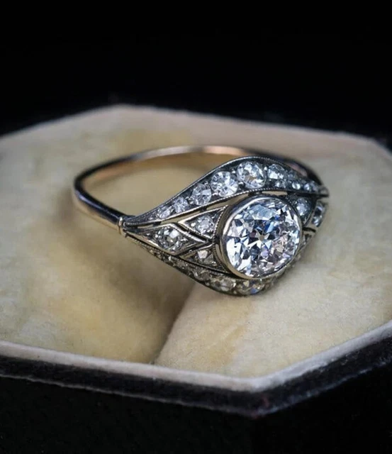 Art Deco Old European Style Victorian Engagement Ring in Two-Tone Gold Over