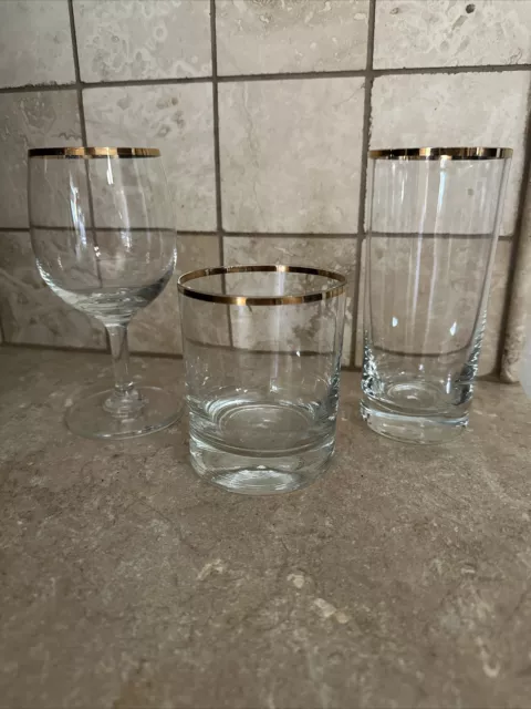 Gold-Rim Bar Glass Lot. Goblet, Highball & Old-fashioned. 8 Of Each. 24 Total