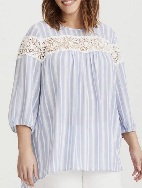 Torrid Women’s Plus Sz 3 Blue White Striped 3/4 Sleeve Gauze Blouse Top Torrid Women’s Plus Sz 3 Blue White Striped 3/4 Sleeve Gauze Blouse Top