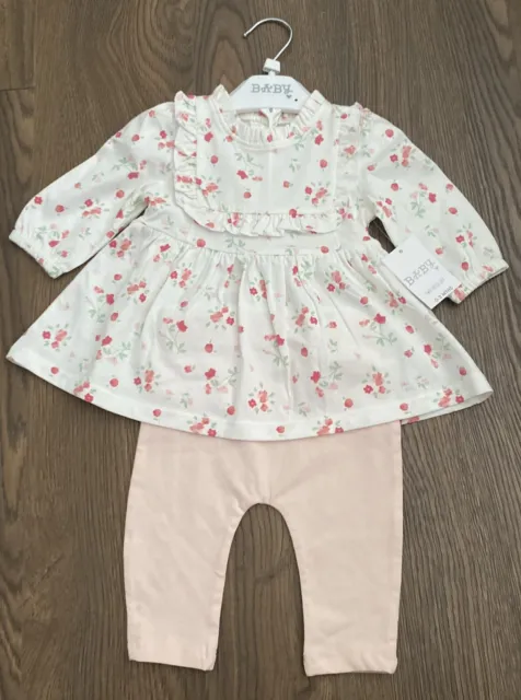 Matalan Baby Girls Outfit 2 Piece Set Pink White Cotton Leggings Top 0-3 Months