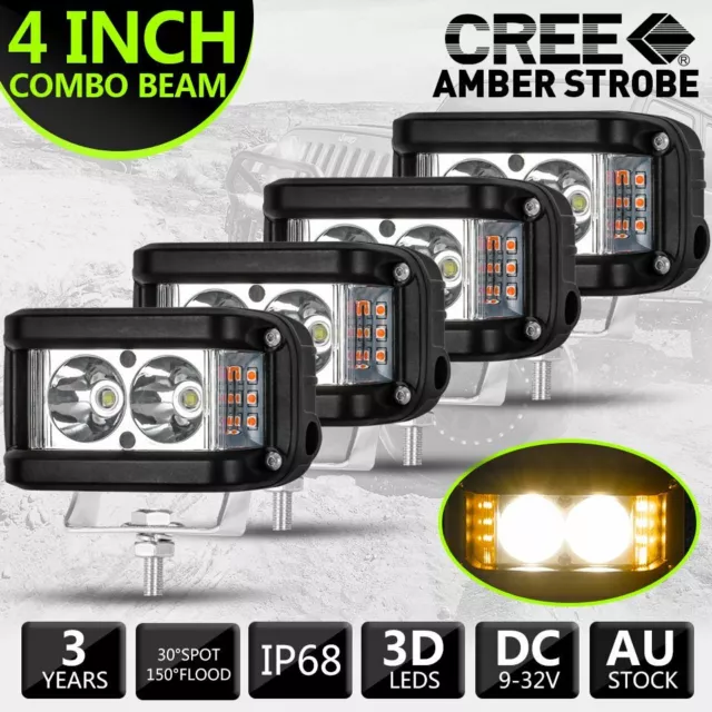 4X 4" Side Shooter  LED Work Light Pods Tri-Row Spot Flood Driving Lamps 4WD