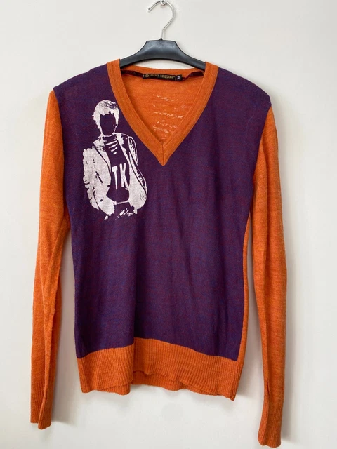 Pullover Takeshy Kurosawa da uomo 50% lana collo a V arancione/viola taglia M