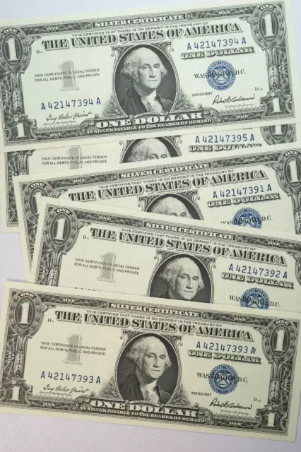 1957 Sequential Uncirculated 5-Note $1 Silver Certificate Lot! Amazing Find