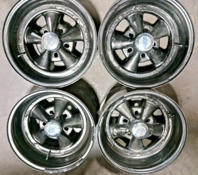 15" Cragar Ss Vintage Staggered Wheels + Caps (Set Of 4) Unilug Bolt Pattern!!!