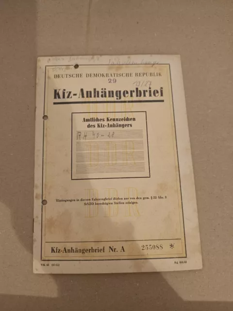 VEB Fahrzeugwerk Wilsdruff Lasten Anhänger Kfz Brief DDR H4 Baujahr 1960
