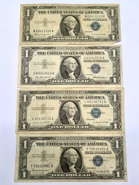 Lot of 4 1957 United States Silver Certificate One Dollar Banknote Series A B