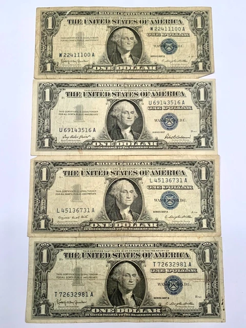 Lot of 4 1957 United States Silver Certificate One Dollar Banknote Series A B