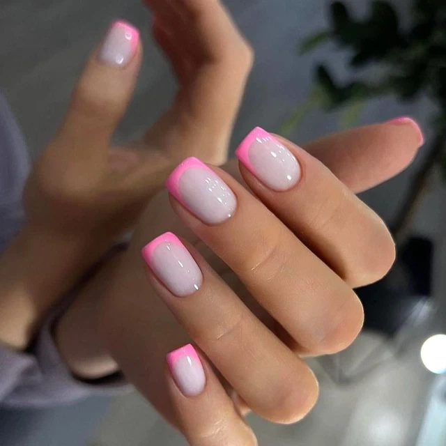 Pink Edge False Nails Short Round Nail Tips Fashion Fake Nails  for DIY