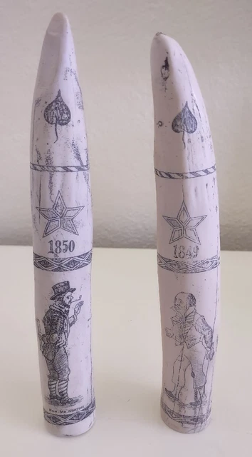 2 Victorian Style 20th Century Faux American Scrimshaw Whale Teeth Porcelain