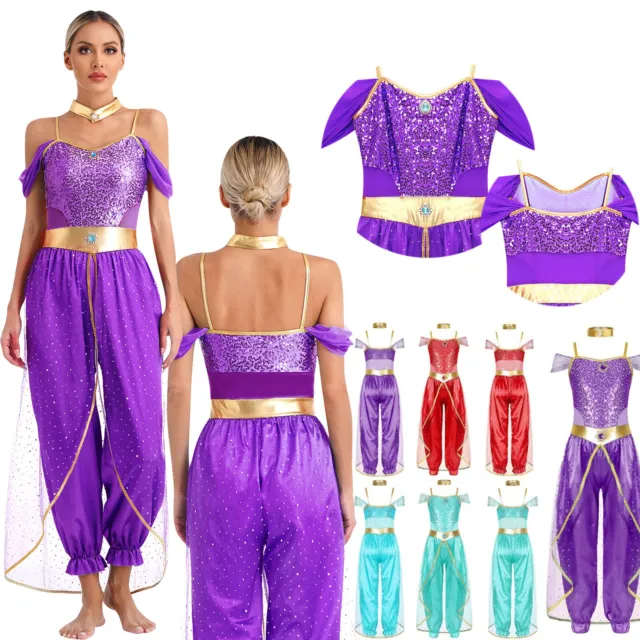 Girls Womens Arabian Princess Fancy Costume Shiny Belly Dance Bodysuit Dress Up