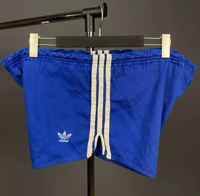 Pantaloncini blu Adidas retrò vintage anni '80 Germania Ovest taglio alto cotone a righe bianche taglia 7