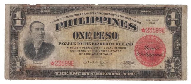 Philippines - Series of 1941 One Peso Banknote (P-89a - STAR NOTE)