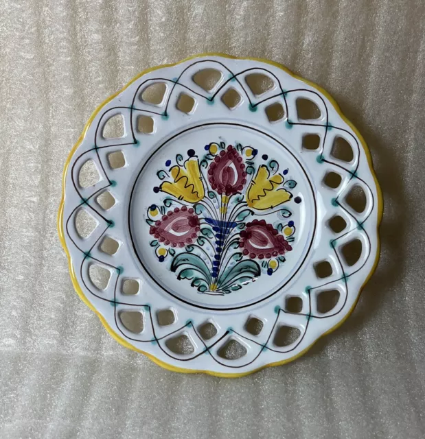 Handpainted Modra Slovenska L'udova Majolica Yellow Floral Lattice Wall Plate