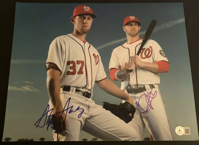 Bryce Harper Stephen Strasburg Signed Auto Nationals 11x14 Photo Beckett BAS LOA