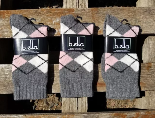 3 PAIR ** B. Ella Ladies Cashmere Blend Socks Diamond Argyle Pattern - NEW USA