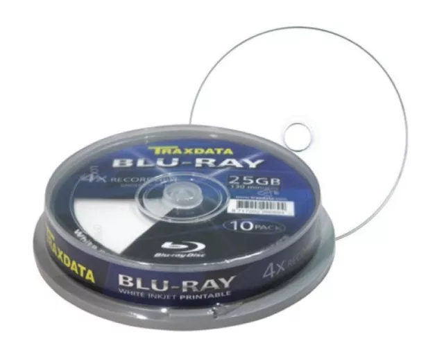 10 Traxdata printable blu ray blank discs 4x Recordable BD-R 25GB  cakebox RITEK