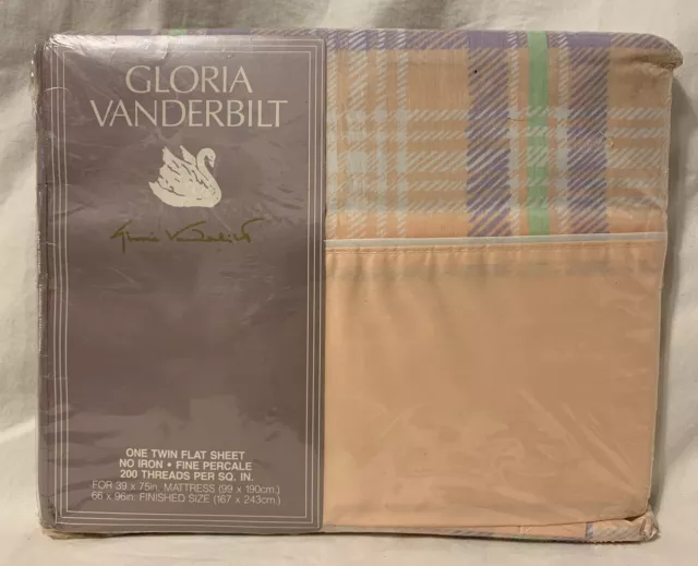 NEW VINTAGE 1983 Gloria Vanderbilt PLAID PEACH Twin FLAT SHEET 200 THREAD COUNT