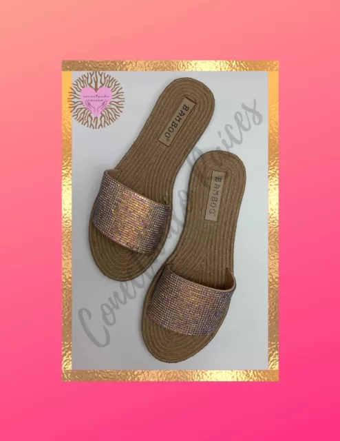 Bamboo Woven Design Metallic Rhinestone Slide Sandal