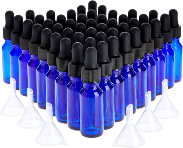 48 Count 0.5 Oz Blue Glass Dropper Bottles and 6 Funnels (15 Ml, 54 Pieces)
