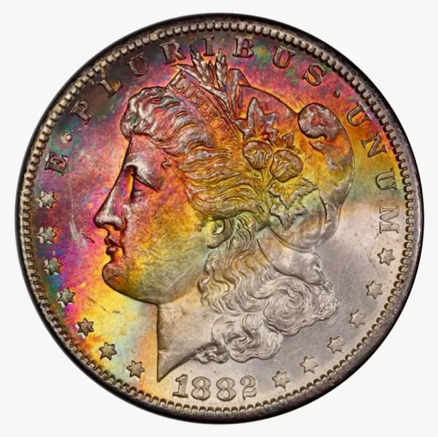 1882-S Morgan Silver Dollar PCGS MS63 Red Yellow White Rainbow Toned +Vid