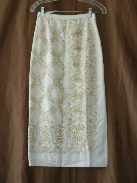 Talbots Silk Cream w/Gold Vine Trellis Embroidered Slit Maxi Pencil Skirt~4P~4~S