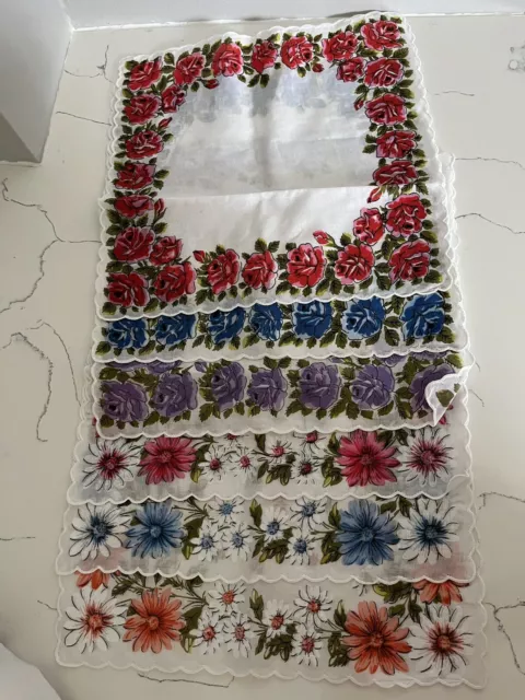 6 Vintage Sheer Floral Hankies Handkerchief Lot / Scalloped Edges / All Unused