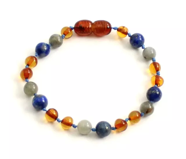 Baltic Amber Bracelet Knotted with Blue Lapis Lazuli and Labradorite Gemstones