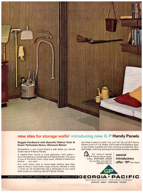 1964 Georgia-Pacific Print Ad, G-P Handy Panels Storage Walls 60's Vaccuum Rifle