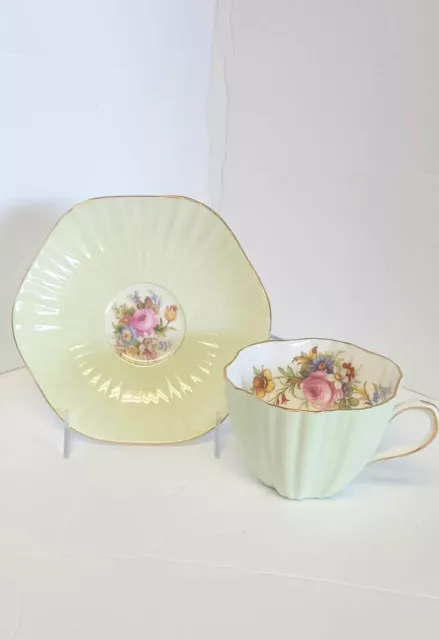 EB Foley Bone China Ribbed Teacup and Saucer Pastel Green, Floral Gold trim VTG