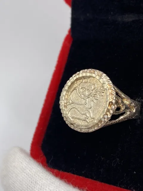 Vintage CHINESE PANDA Coin 925 + Gold Signed SS ring Size: 6 Curved GORGEOUS