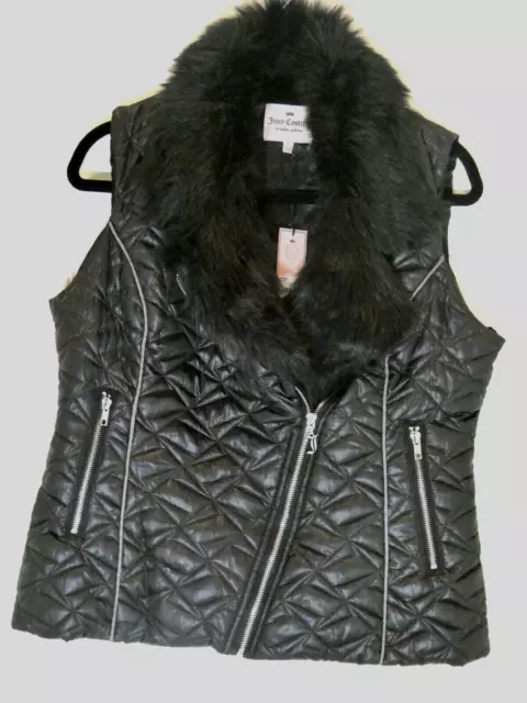 NWT Flattering JUICY COUTURE Black Puffer Vest Faux Fur Collar Large Size NEW