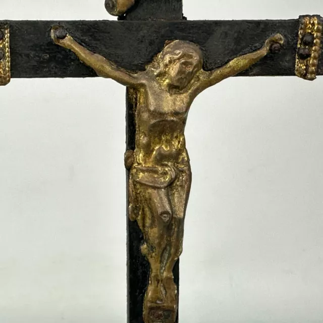 Antique French Rustic Ebonised Wood Cross With Gold Colour Metal Jesus