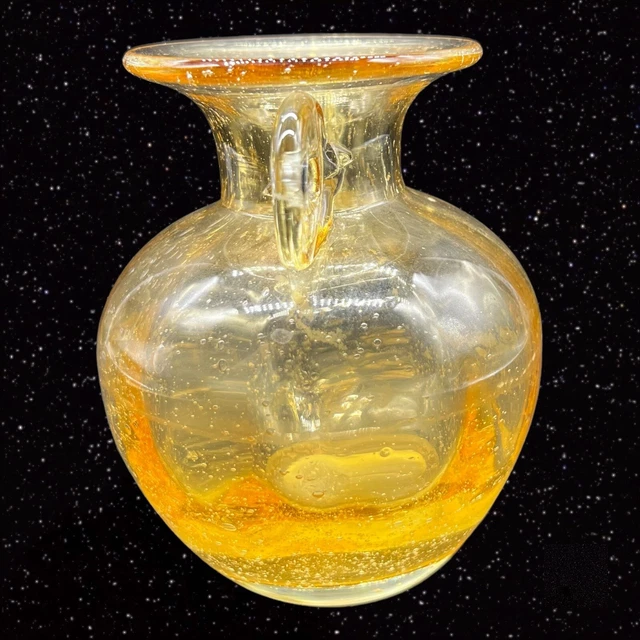 Vintage Studio Art Glass Round Amber Yellow Vase With Applied Handles 4”W 5”T 2