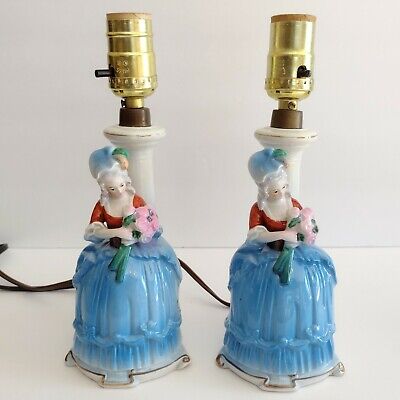 Vintage Pair Art Deco Sitzendorf German Porcelain Figurine Lamps Victorian Lady