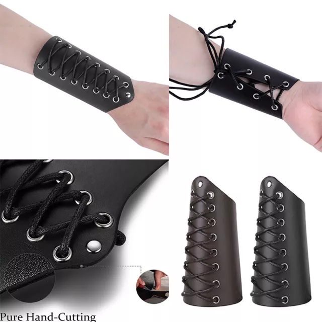US Faux Leather Lace-Up Gauntlet Wristband Wide Bracer Protective Arm Armor Cuff