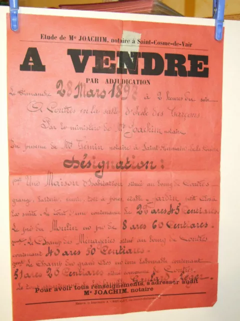Contres Sarthe  Affiche De Vente Maison Annee 1897 M Joachim Saint Cosme De Vair