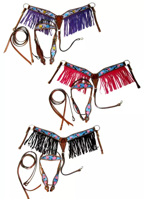 Horse Saddle Tack Harness Reins Breast Collar Headstall Fringe Western Leather