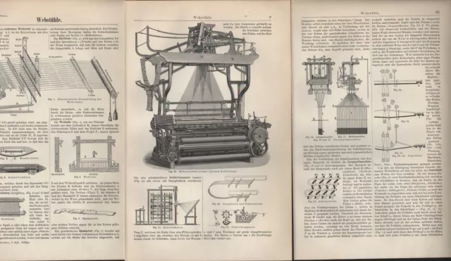 Lithografie 1897: WEBSTÜHLE. Weblade Rietblatt Schaftmaschine Gazestuhl