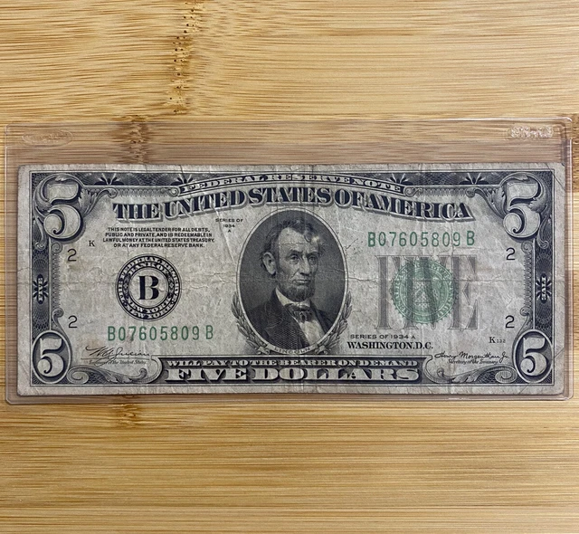 1934 A $5 Light Green Seal “BIG B" New York FRN Federal Reserve Note Currency