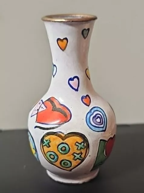 Handpainted Hearts 1991 Express Arts Miniature Enamel Vase 2.75"T× 1.5"W 1.4oz