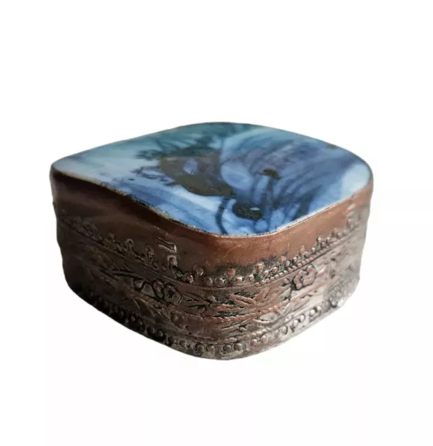 Atq Chinese Porcelain Pottery Shard Trinket Box w Vintage Silver Plated Copper