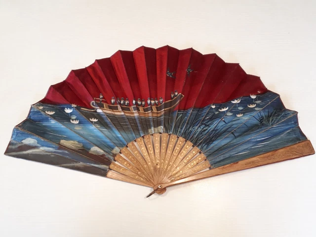 Éventail Ancien Grand Modèle - Scène Galante Peinte Sur Soie, Décor Peint, Vintage