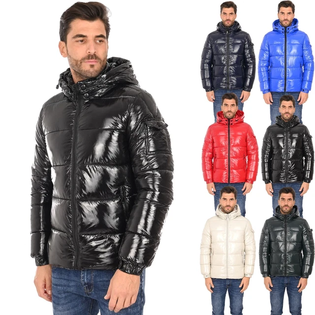Giubbotto Uomo Invernale con Cappuccio Staccabile Piumino Lucido Bomber Vernice
