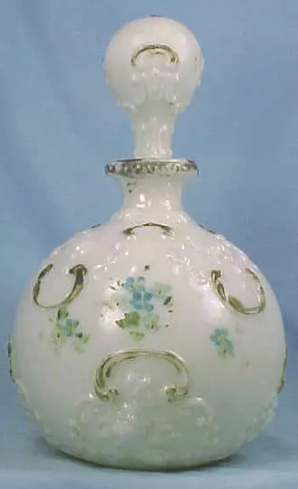 Milk Glass Cologne Perfume Bottle Blue Flowers Victorian Bureau Antique #2