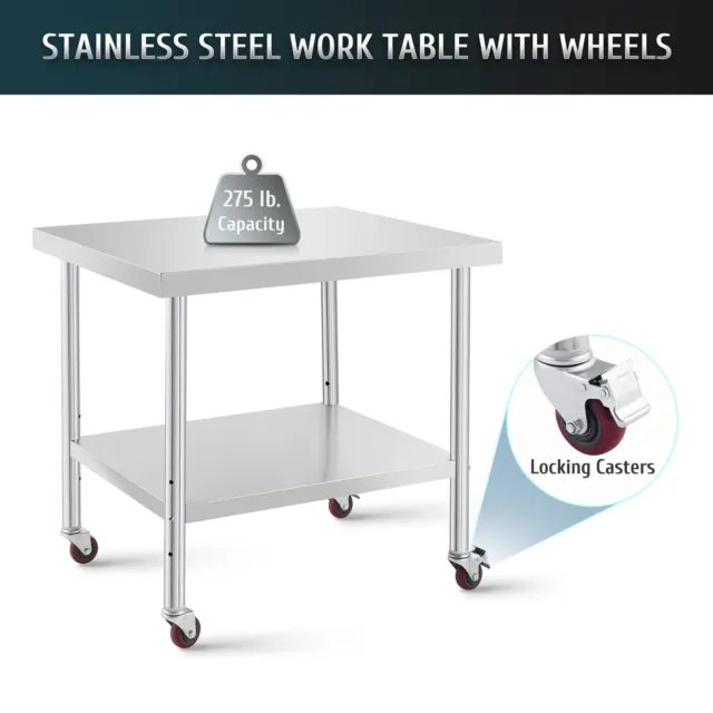 Stainless Steel Meal Prep Table w Adjustable Shelf Bar Table with Wheels 36x30