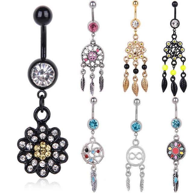 Boho Navel Ring Rhinestone Flower Tassel Belly Button Barbell Steel Piercing 16G