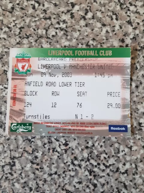 MATCH TICKET PREMIER LEAGUE LIVERPOOL V MAN UTD 9 novembre 2003